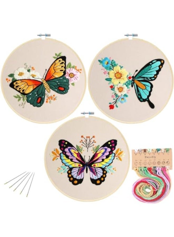 CLENEA 3 Pack Embroidery Starter Kit with Pattern, Flowers Butterfly Stamped Embroidery Kit Including Embroidery Fabrics, Bamboo Hoops, Threads Needles, Hobbies for Women (Green Yellow Purple) - Image 1